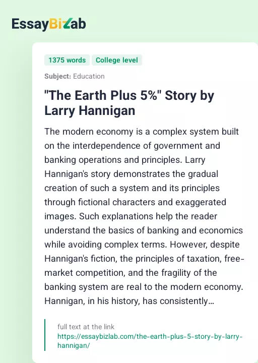 "The Earth Plus 5%" Story by Larry Hannigan - Essay Preview