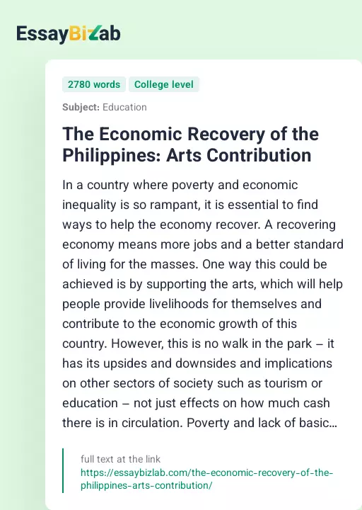 The Economic Recovery of the Philippines: Arts Contribution - Essay Preview