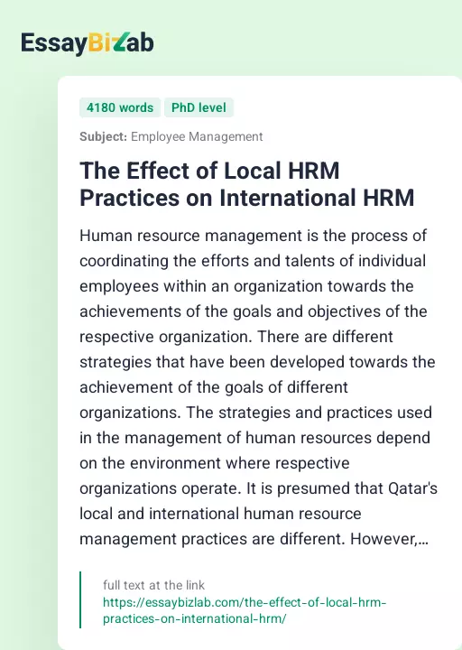The Effect of Local HRM Practices on International HRM - Essay Preview