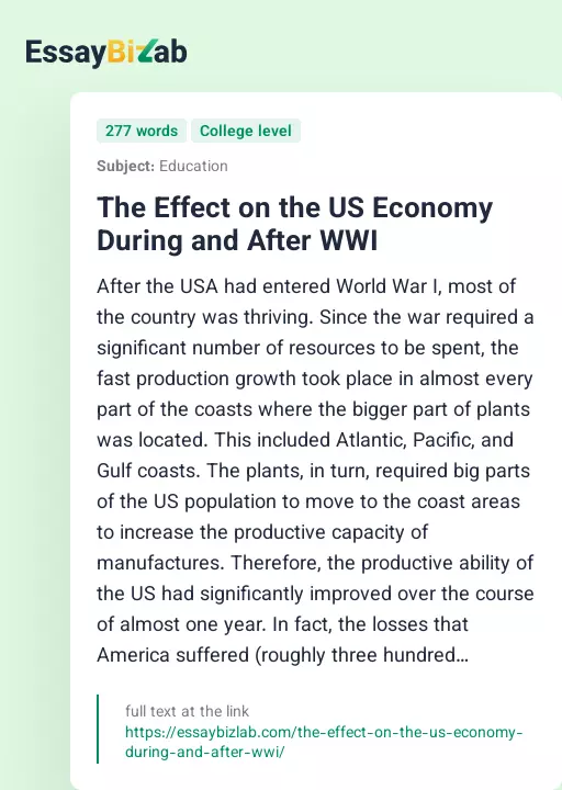 The Effect on the US Economy During and After WWI - Essay Preview