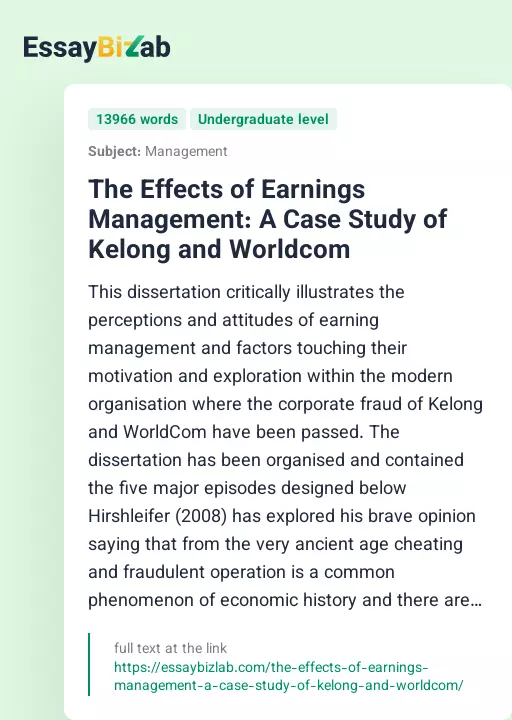 The Effects of Earnings Management: A Case Study of Kelong and Worldcom - Essay Preview