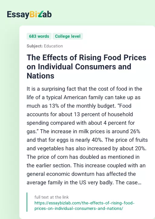 The Effects of Rising Food Prices on Individual Consumers and Nations - Essay Preview