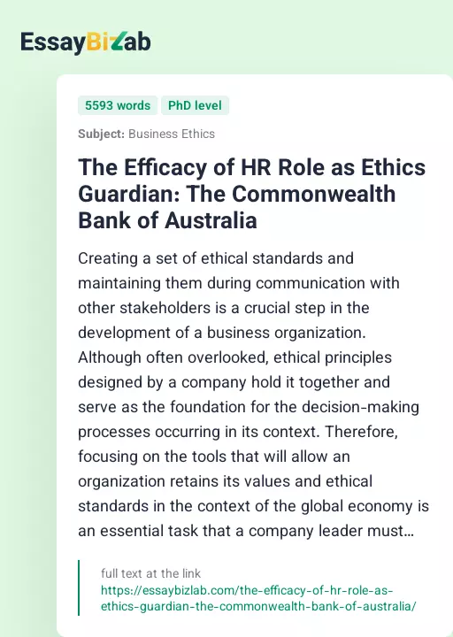 The Efficacy of HR Role as Ethics Guardian: The Commonwealth Bank of Australia - Essay Preview