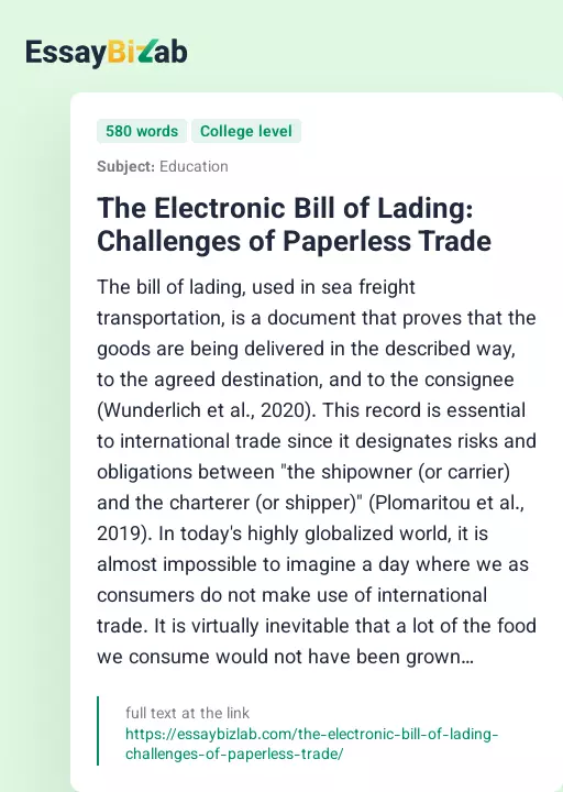 The Electronic Bill of Lading: Challenges of Paperless Trade - Essay Preview