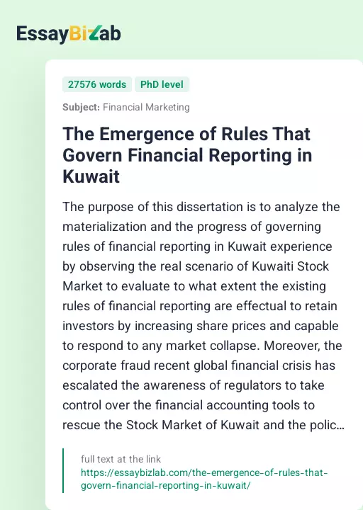 The Emergence of Rules That Govern Financial Reporting in Kuwait - Essay Preview