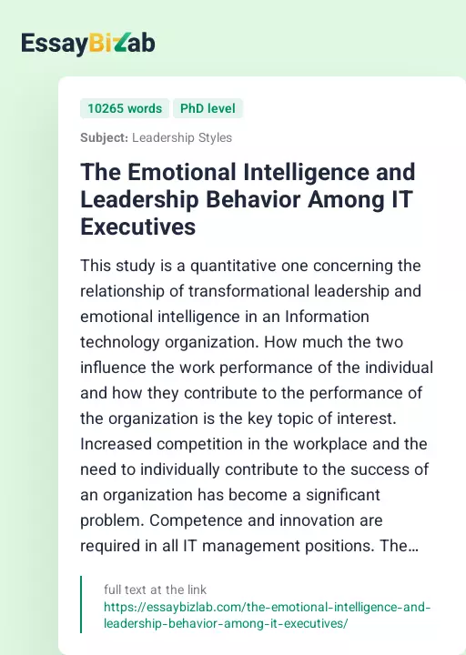 The Emotional Intelligence and Leadership Behavior Among IT Executives - Essay Preview