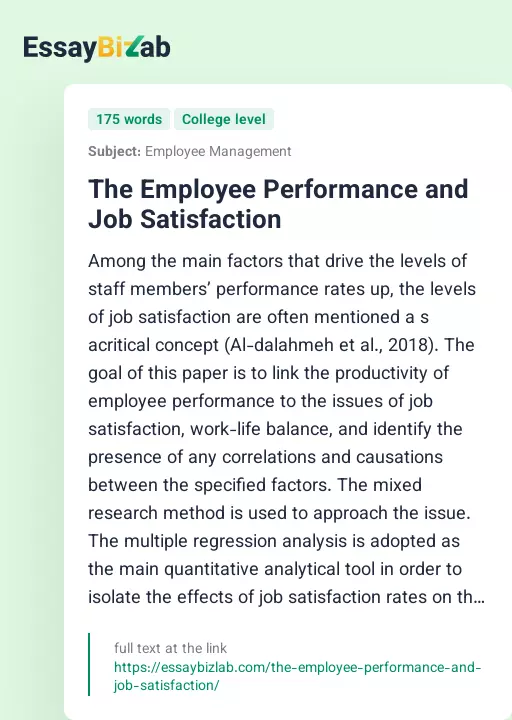 The Employee Performance and Job Satisfaction - Essay Preview