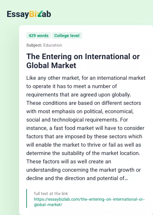 The Entering on International or Global Market - Essay Preview