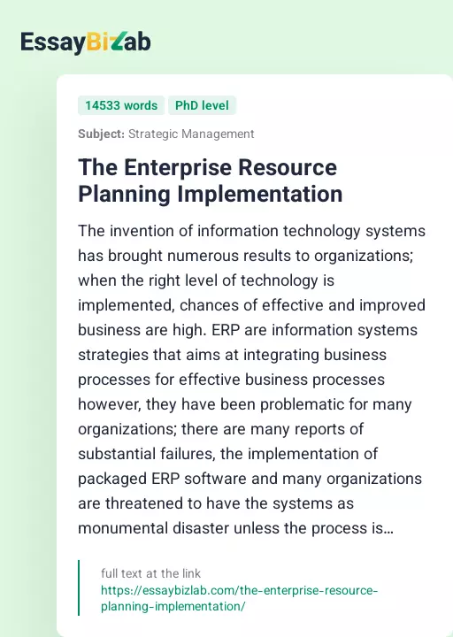 The Enterprise Resource Planning Implementation - Essay Preview