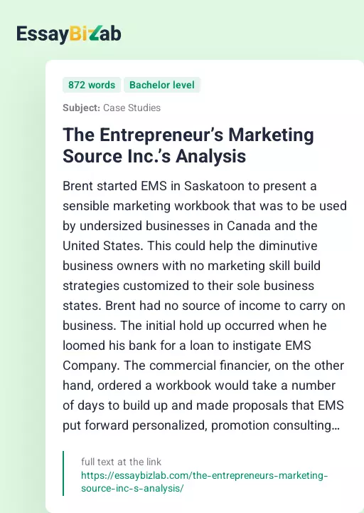 The Entrepreneur’s Marketing Source Inc.’s Analysis - Essay Preview