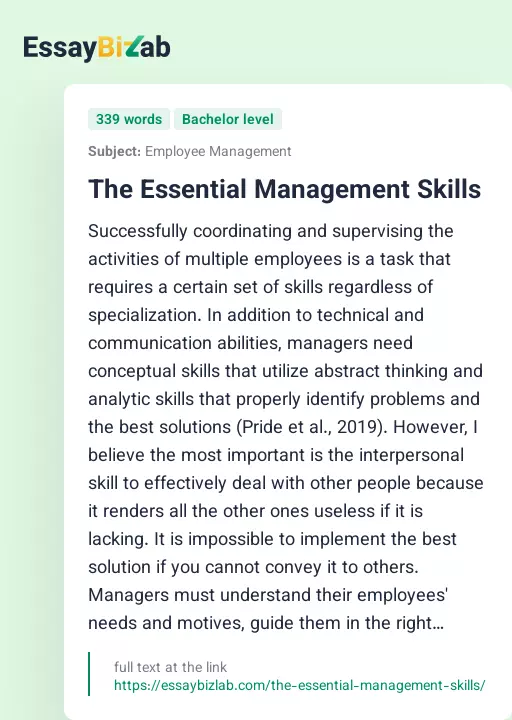 The Essential Management Skills - Essay Preview
