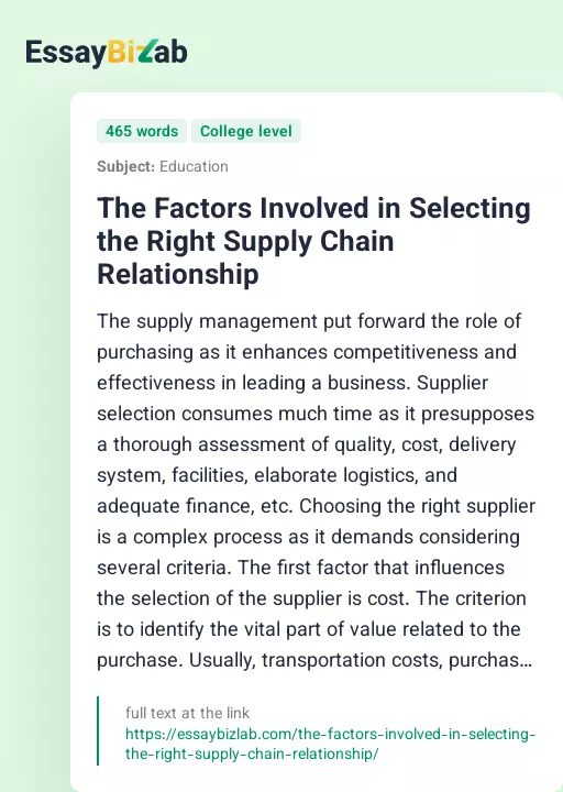 The Factors Involved in Selecting the Right Supply Chain Relationship - Essay Preview