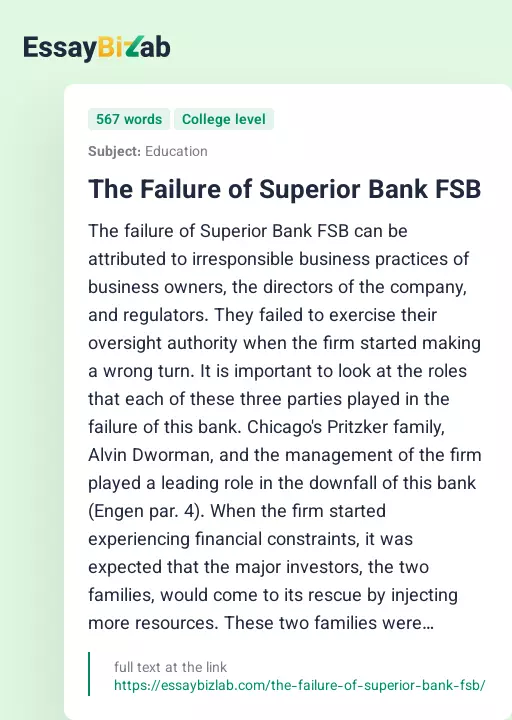 The Failure of Superior Bank FSB - Essay Preview