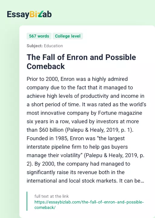 The Fall of Enron and Possible Comeback - Essay Preview