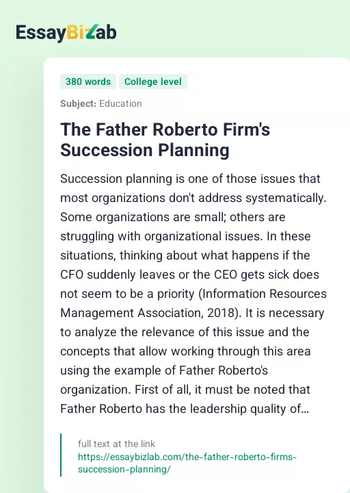 The Father Roberto Firm's Succession Planning - Essay Preview