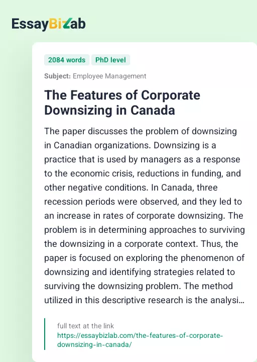 The Features of Corporate Downsizing in Canada - Essay Preview