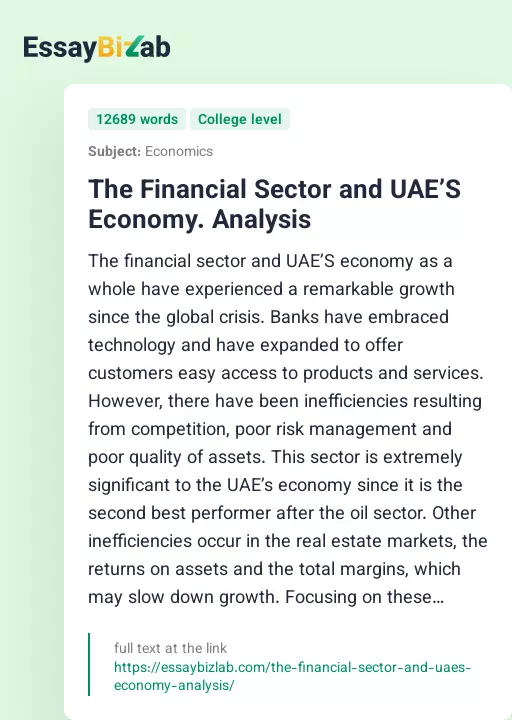 The Financial Sector and UAE’S Economy. Analysis - Essay Preview