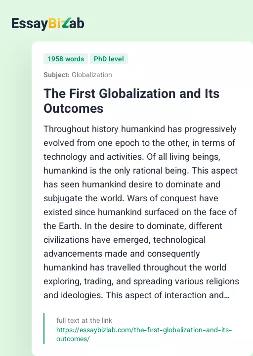 The First Globalization and Its Outcomes - Essay Preview