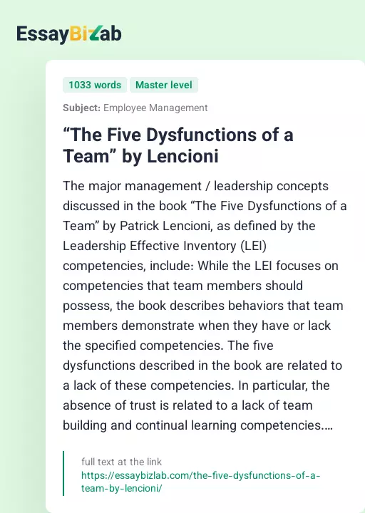 “The Five Dysfunctions of a Team” by Lencioni - Essay Preview