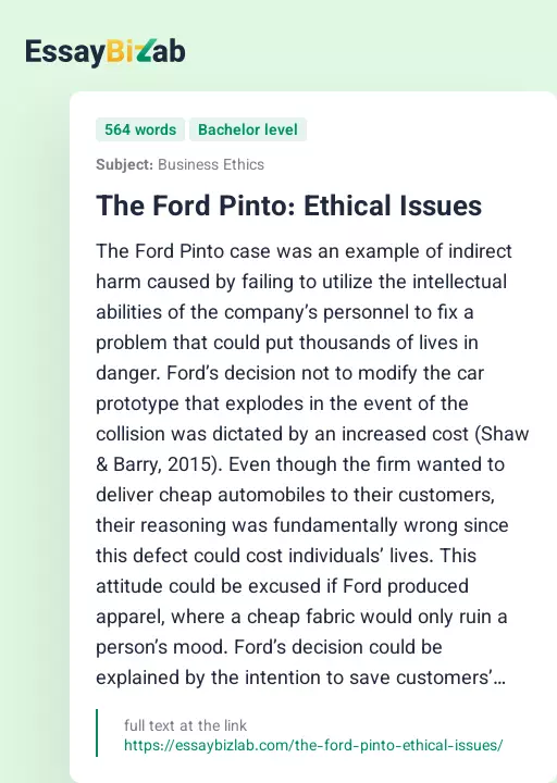 The Ford Pinto: Ethical Issues - Essay Preview