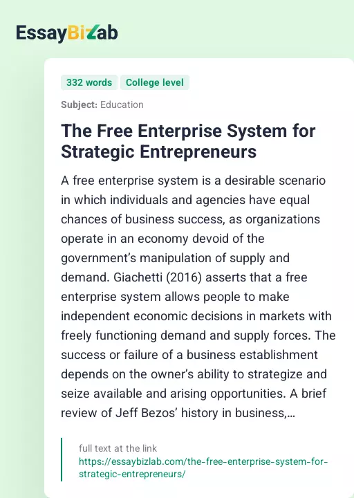 The Free Enterprise System for Strategic Entrepreneurs - Essay Preview