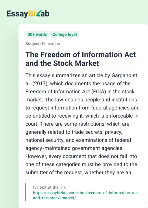 The Freedom of Information Act and the Stock Market - Essay Preview