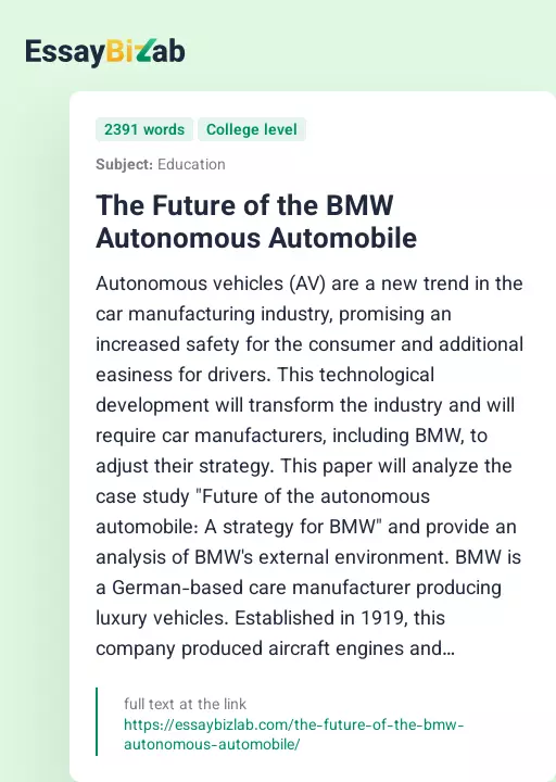 The Future of the BMW Autonomous Automobile - Essay Preview