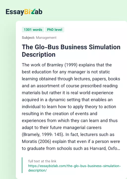 The Glo-Bus Business Simulation Description - Essay Preview