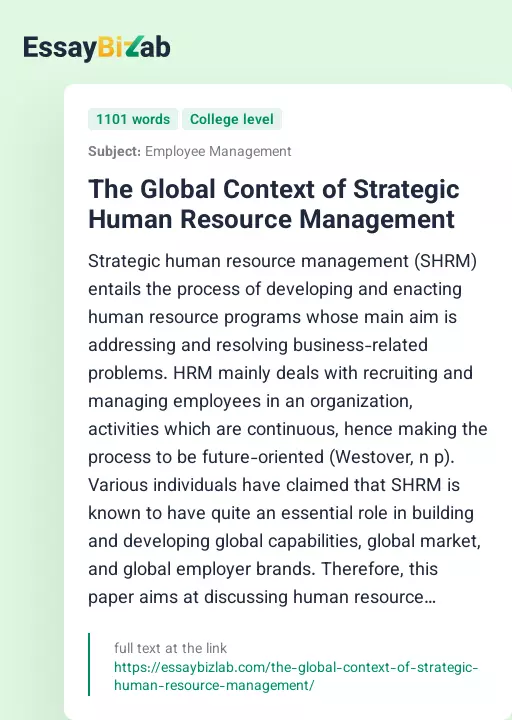 The Global Context of Strategic Human Resource Management - Essay Preview
