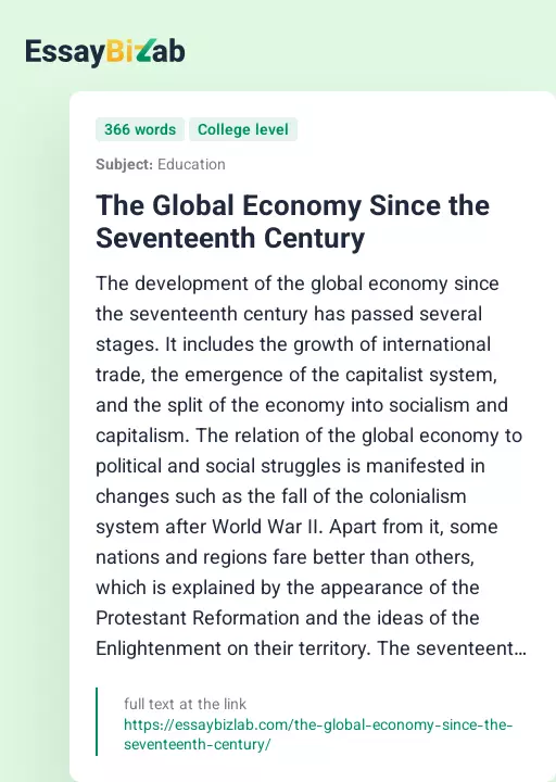 The Global Economy Since the Seventeenth Century - Essay Preview
