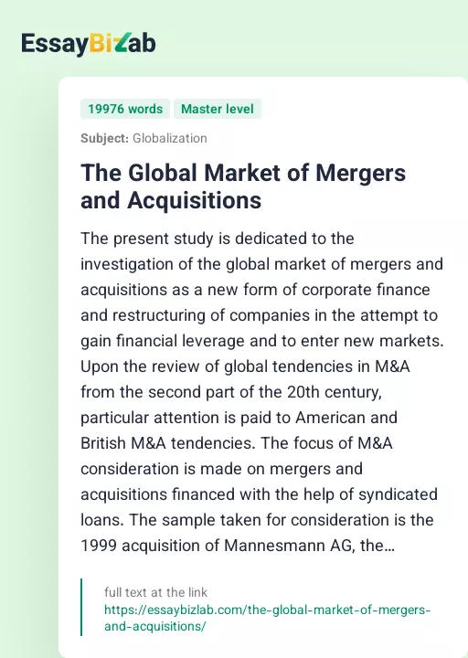 The Global Market of Mergers and Acquisitions - Essay Preview