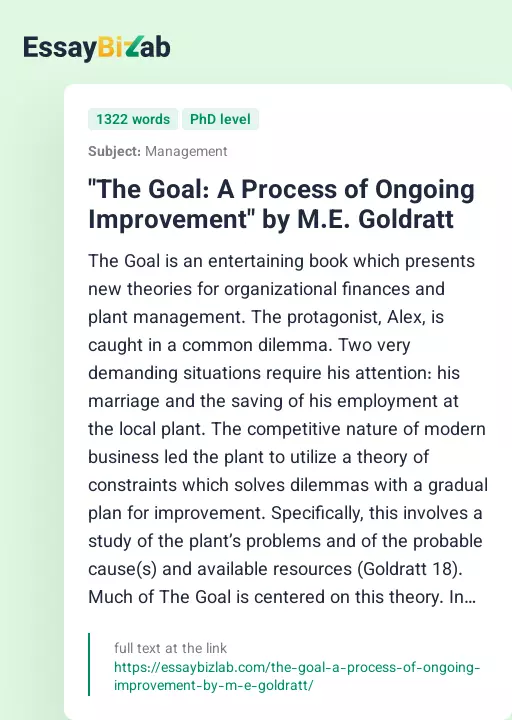 "The Goal: A Process of Ongoing Improvement" by M.E. Goldratt - Essay Preview