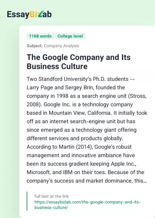 The Google Company and Its Business Culture - Essay Preview