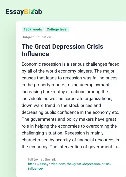 The Great Depression Crisis Influence - Essay Preview