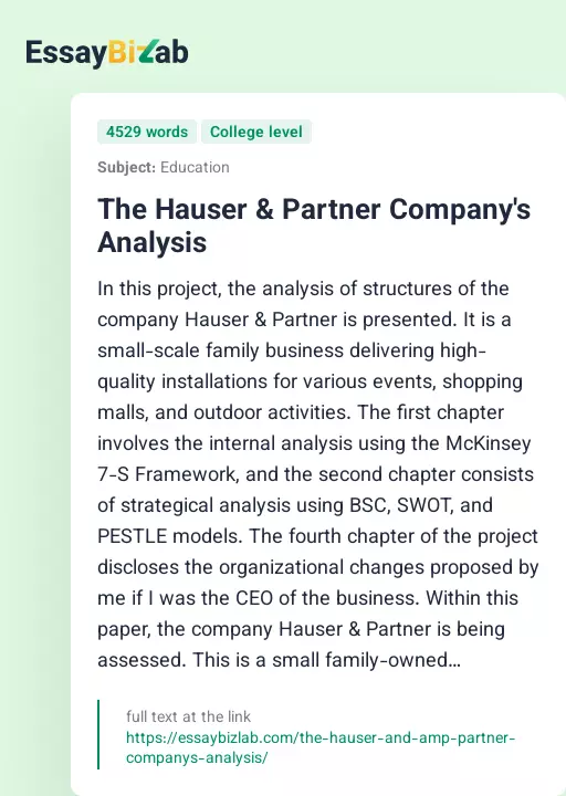 The Hauser & Partner Company's Analysis - Essay Preview