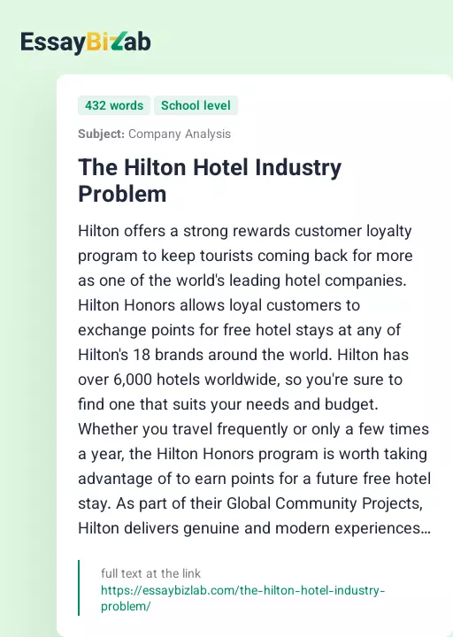 The Hilton Hotel Industry Problem - Essay Preview