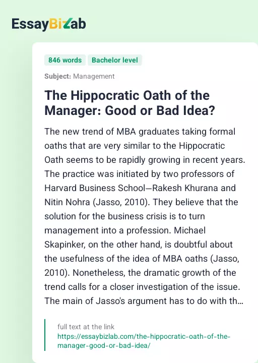 The Hippocratic Oath of the Manager: Good or Bad Idea? - Essay Preview