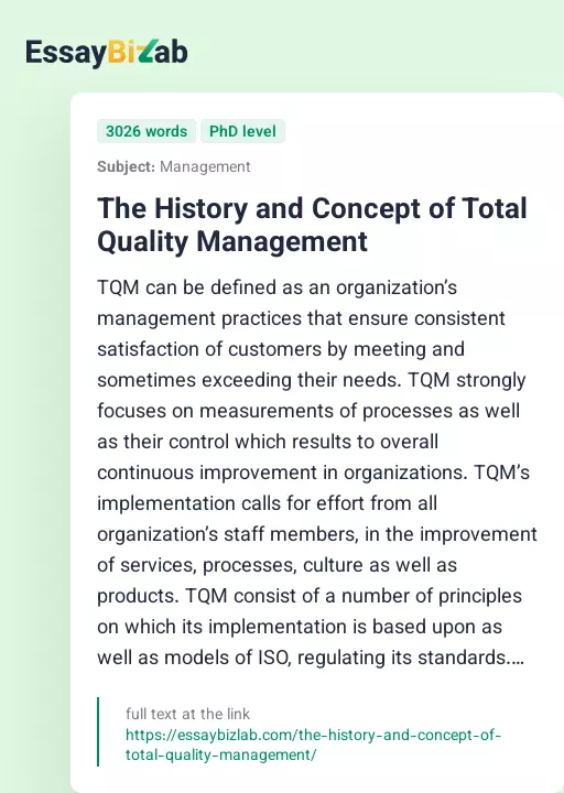 The History and Concept of Total Quality Management - Essay Preview