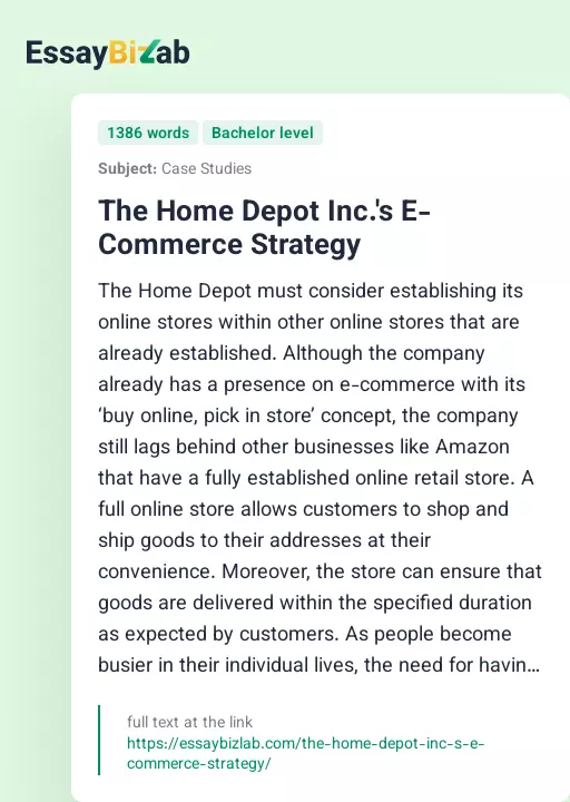 The Home Depot Inc.'s E-Commerce Strategy - Essay Preview