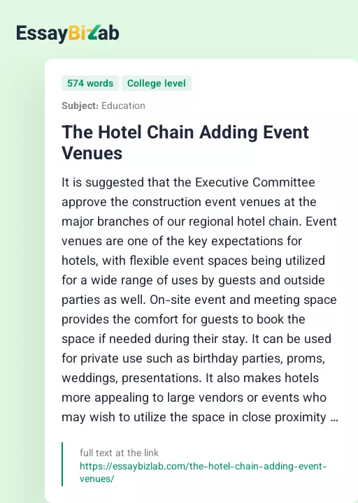 The Hotel Chain Adding Event Venues - Essay Preview