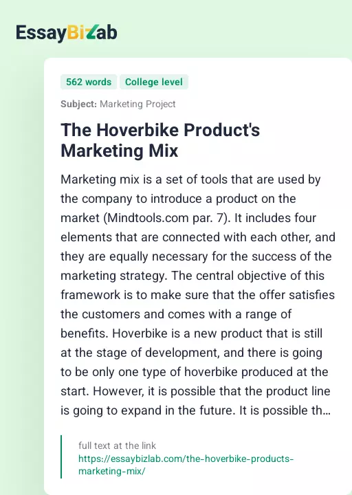 The Hoverbike Product's Marketing Mix - Essay Preview