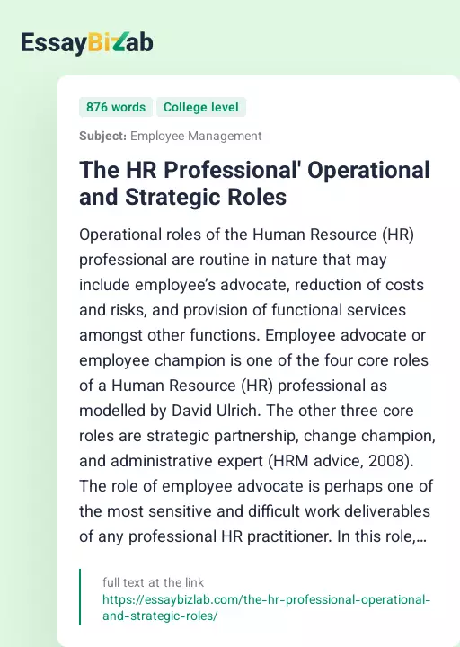 The HR Professional' Operational and Strategic Roles - Essay Preview