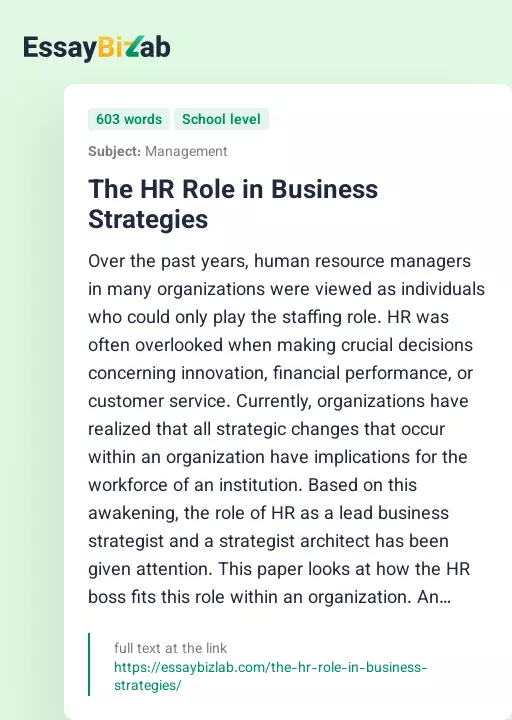 The HR Role in Business Strategies - Essay Preview