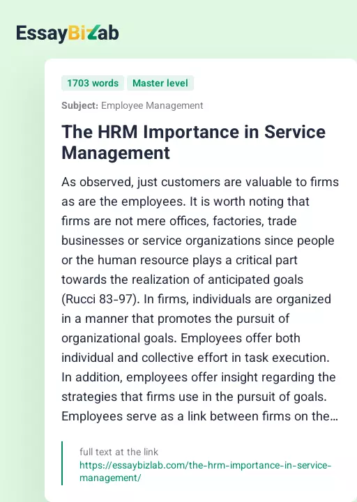 The HRM Importance in Service Management - Essay Preview