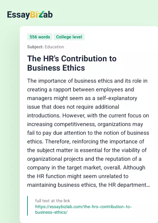 The HR's Contribution to Business Ethics - Essay Preview