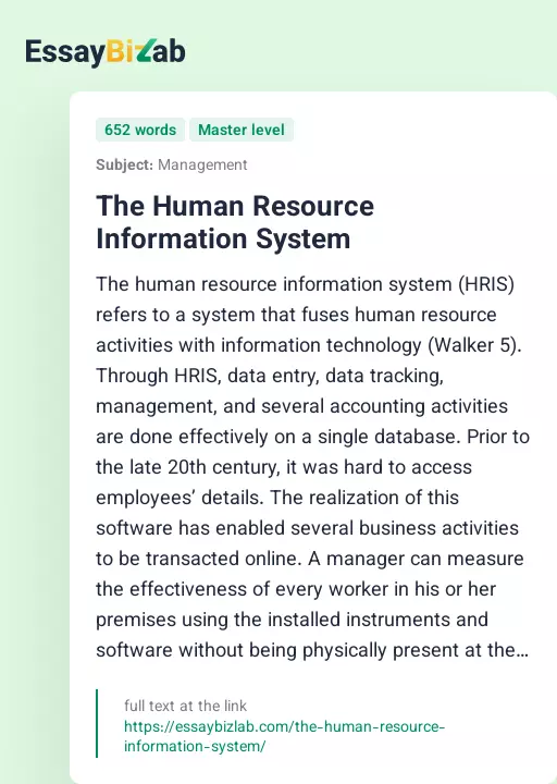 The Human Resource Information System - Essay Preview