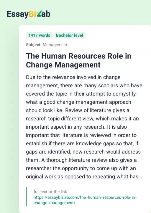 The Human Resources Role in Change Management - Essay Preview