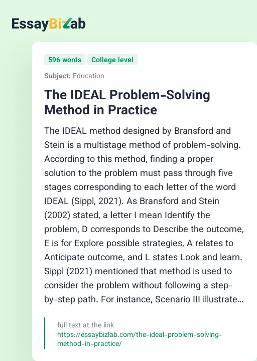 The IDEAL Problem-Solving Method in Practice - Essay Preview