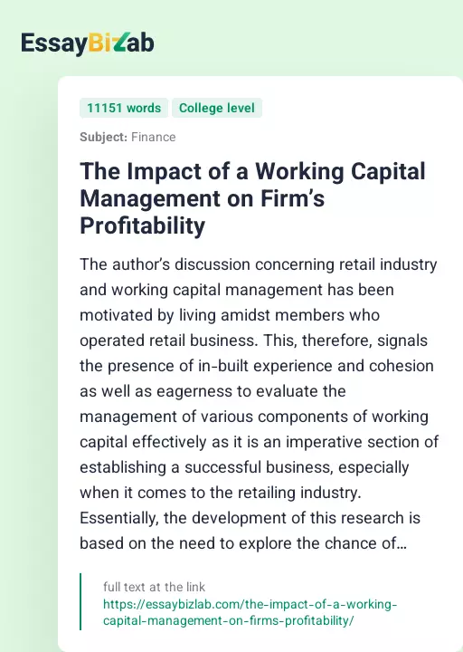 The Impact of a Working Capital Management on Firm’s Profitability - Essay Preview