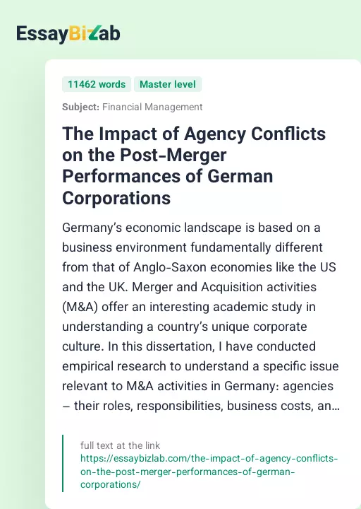 The Impact of Agency Conflicts on the Post-Merger Performances of German Corporations - Essay Preview